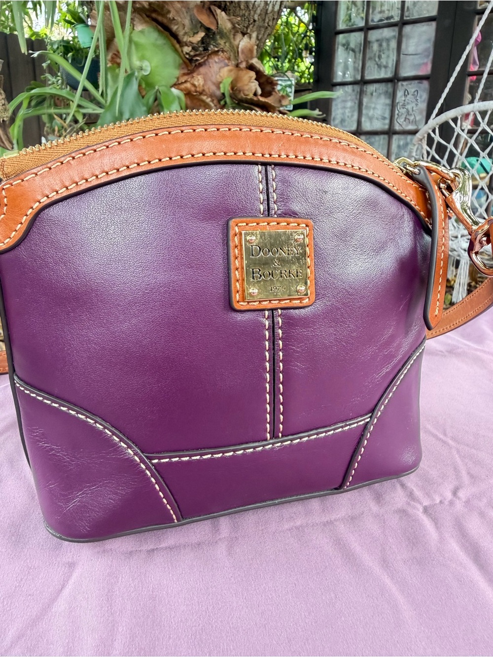 Dooney & Bourke Plum Leather Domed Crossbody with Vachetta Trim and Strap - Picture 2 of 12